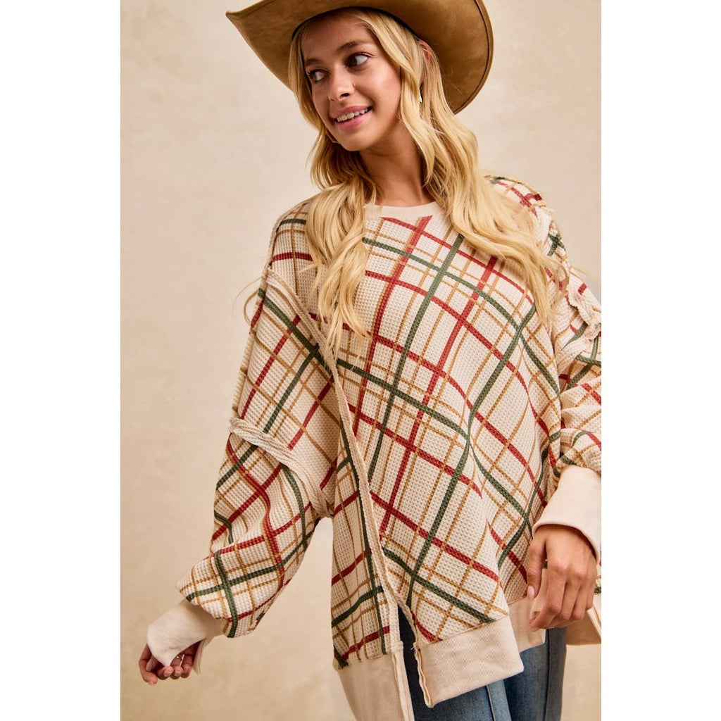 CHRISTMAS PLAID PRINT WAFFLE SWEATSHIRT TOP