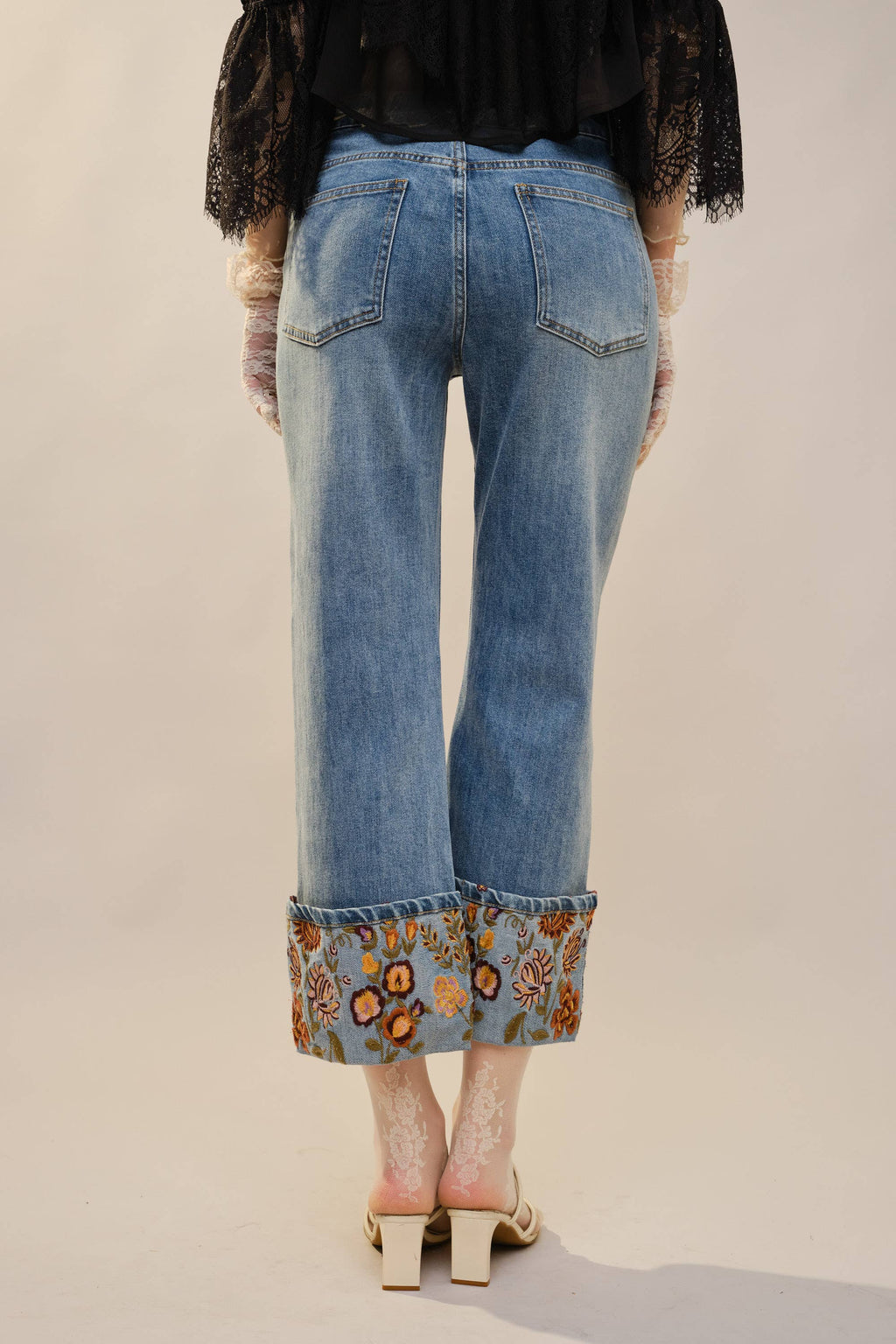 Cuffed Embroidered Denim