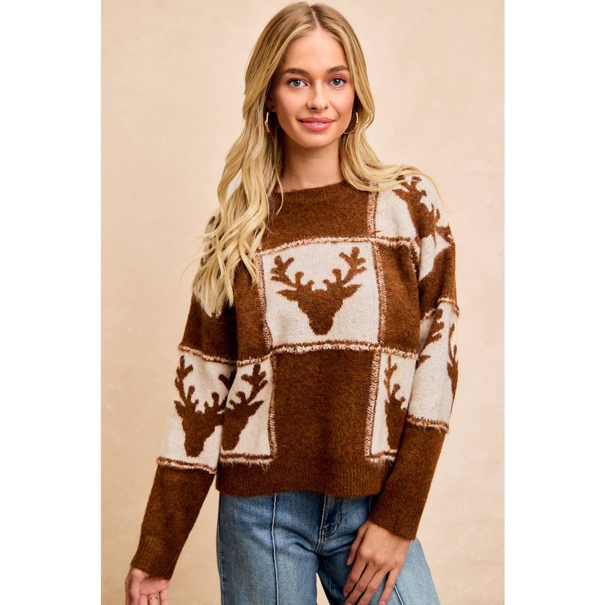 RUDOLPH PATTERNED CHRISTMAS KNIT TOP WITH OUT SEAM