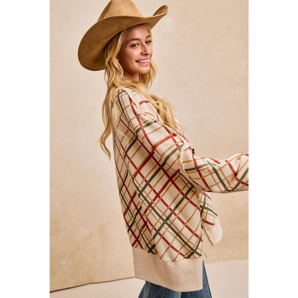 CHRISTMAS PLAID PRINT WAFFLE SWEATSHIRT TOP