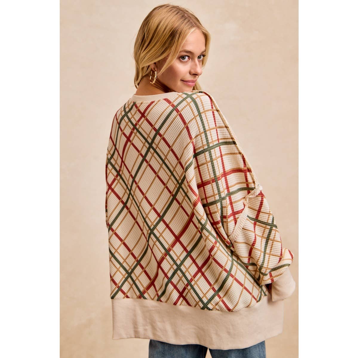CHRISTMAS PLAID PRINT WAFFLE SWEATSHIRT TOP