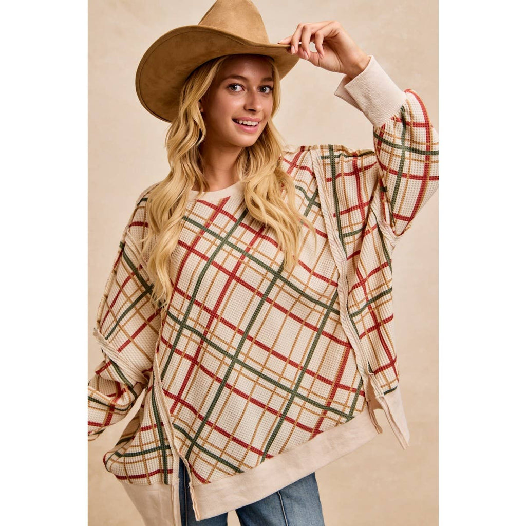 CHRISTMAS PLAID PRINT WAFFLE SWEATSHIRT TOP
