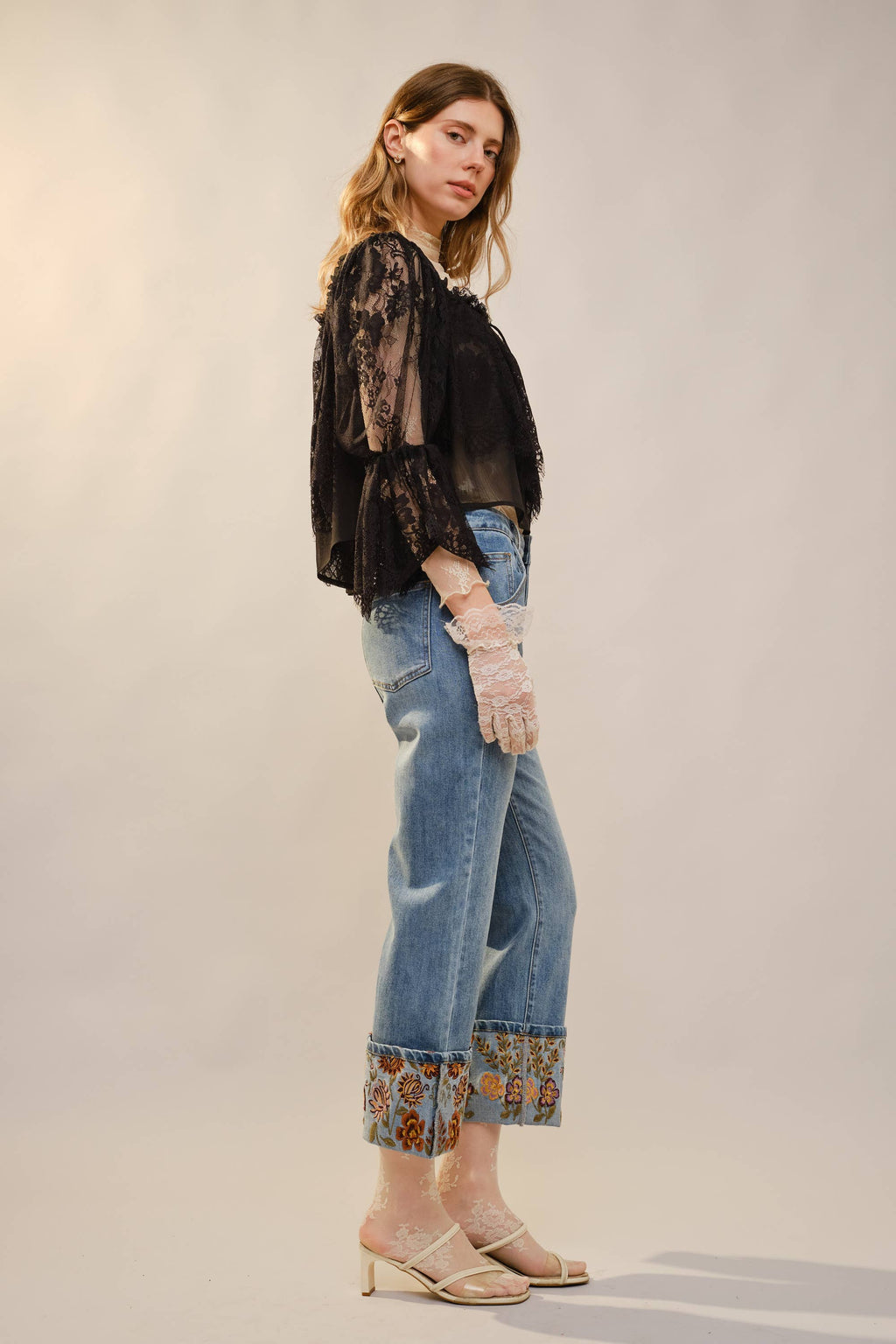 Cuffed Embroidered Denim