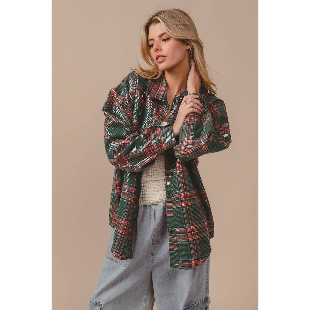 CLEAR SEQUIN PLAID CHRISTMAS SHIRT