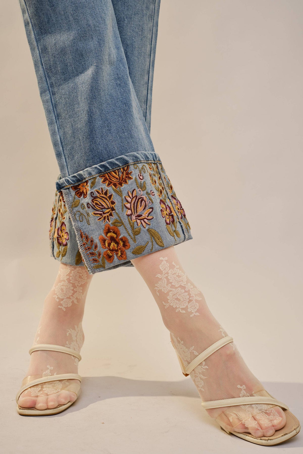 Cuffed Embroidered Denim