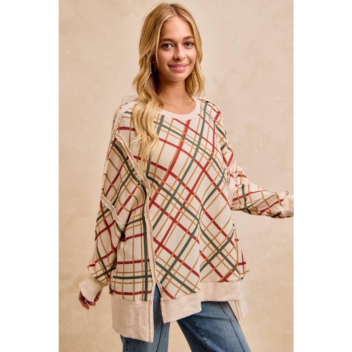 CHRISTMAS PLAID PRINT WAFFLE SWEATSHIRT TOP