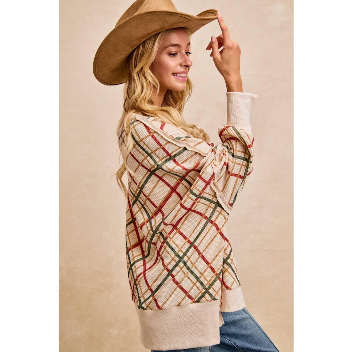 CHRISTMAS PLAID PRINT WAFFLE SWEATSHIRT TOP