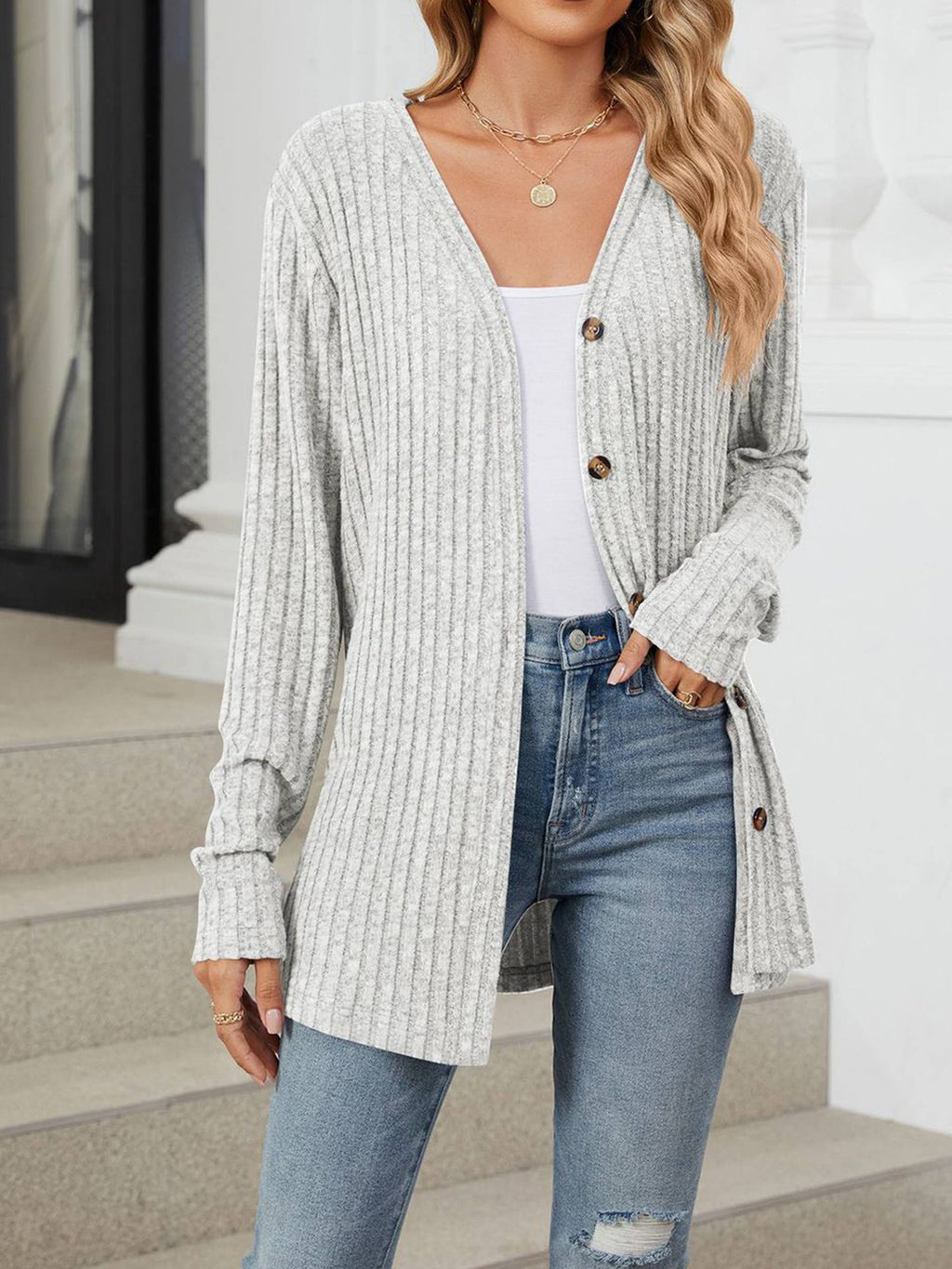 Solid Color Button Cardigan Knitted Brushed Jacket