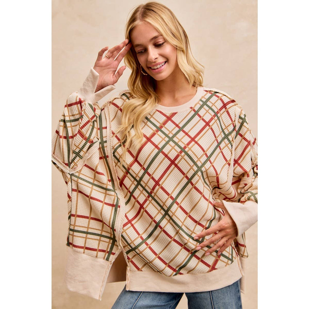 CHRISTMAS PLAID PRINT WAFFLE SWEATSHIRT TOP