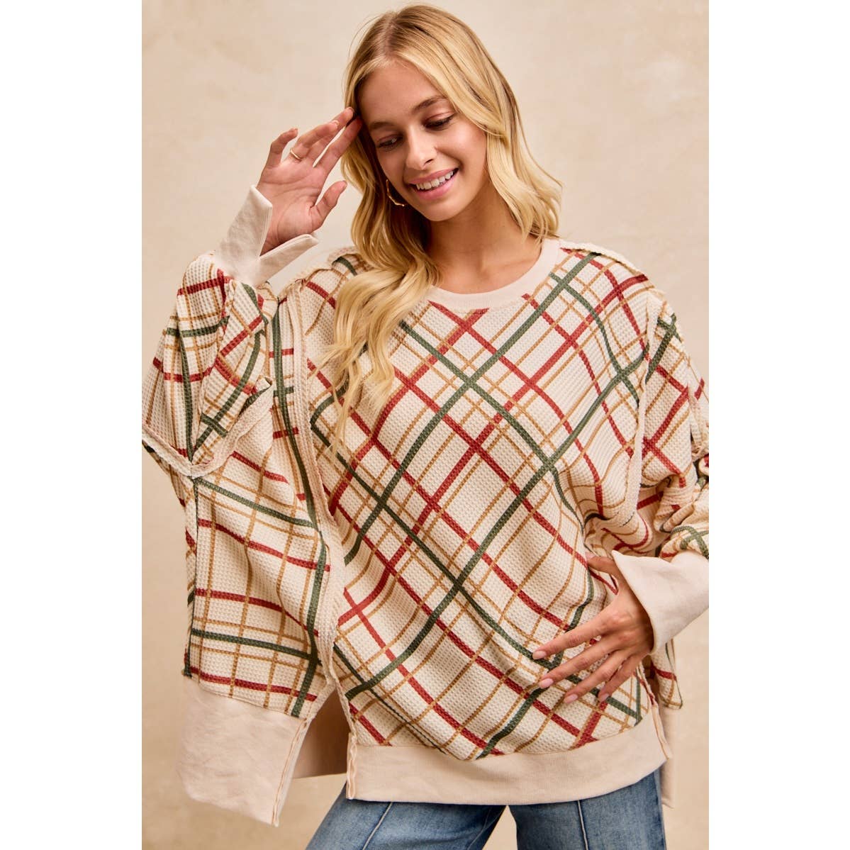 CHRISTMAS PLAID PRINT WAFFLE SWEATSHIRT TOP