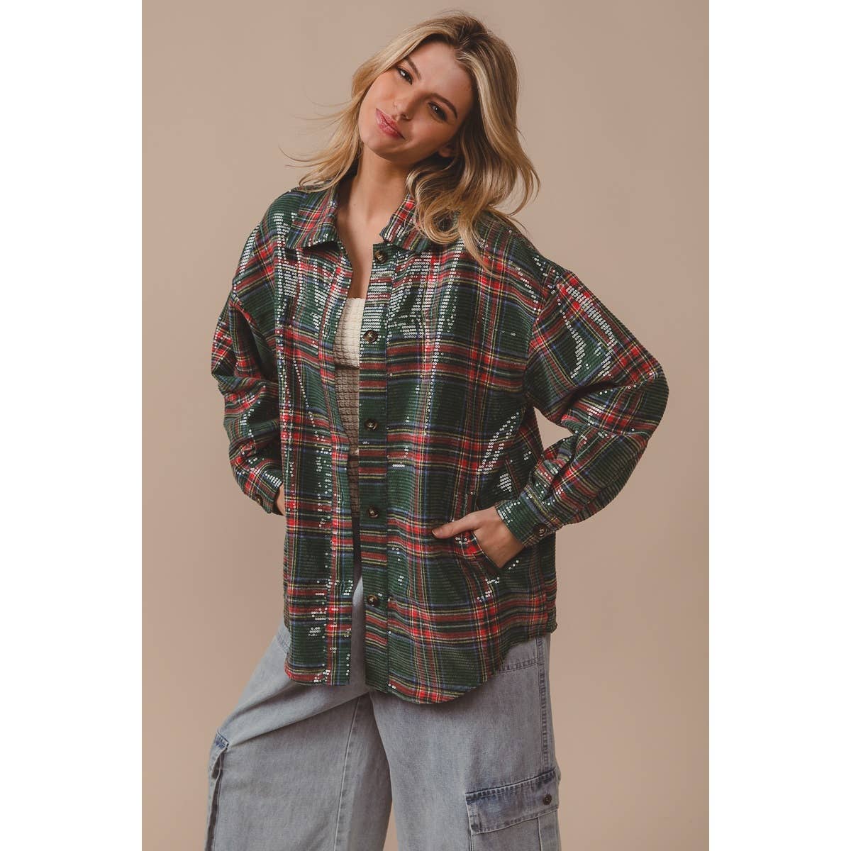 CLEAR SEQUIN PLAID CHRISTMAS SHIRT