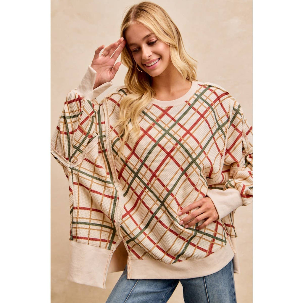 CHRISTMAS PLAID PRINT WAFFLE SWEATSHIRT TOP