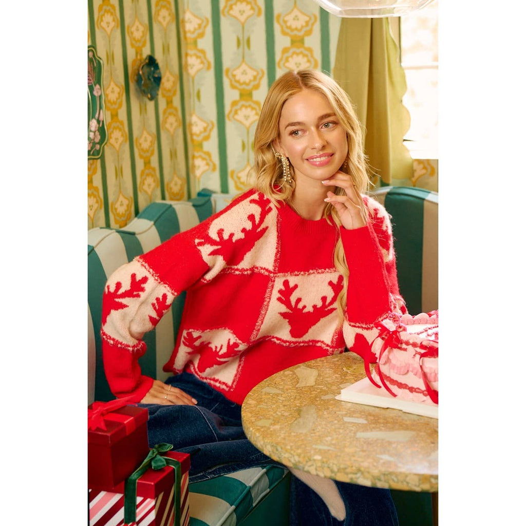 RUDOLPH PATTERNED CHRISTMAS KNIT TOP WITH OUT SEAM
