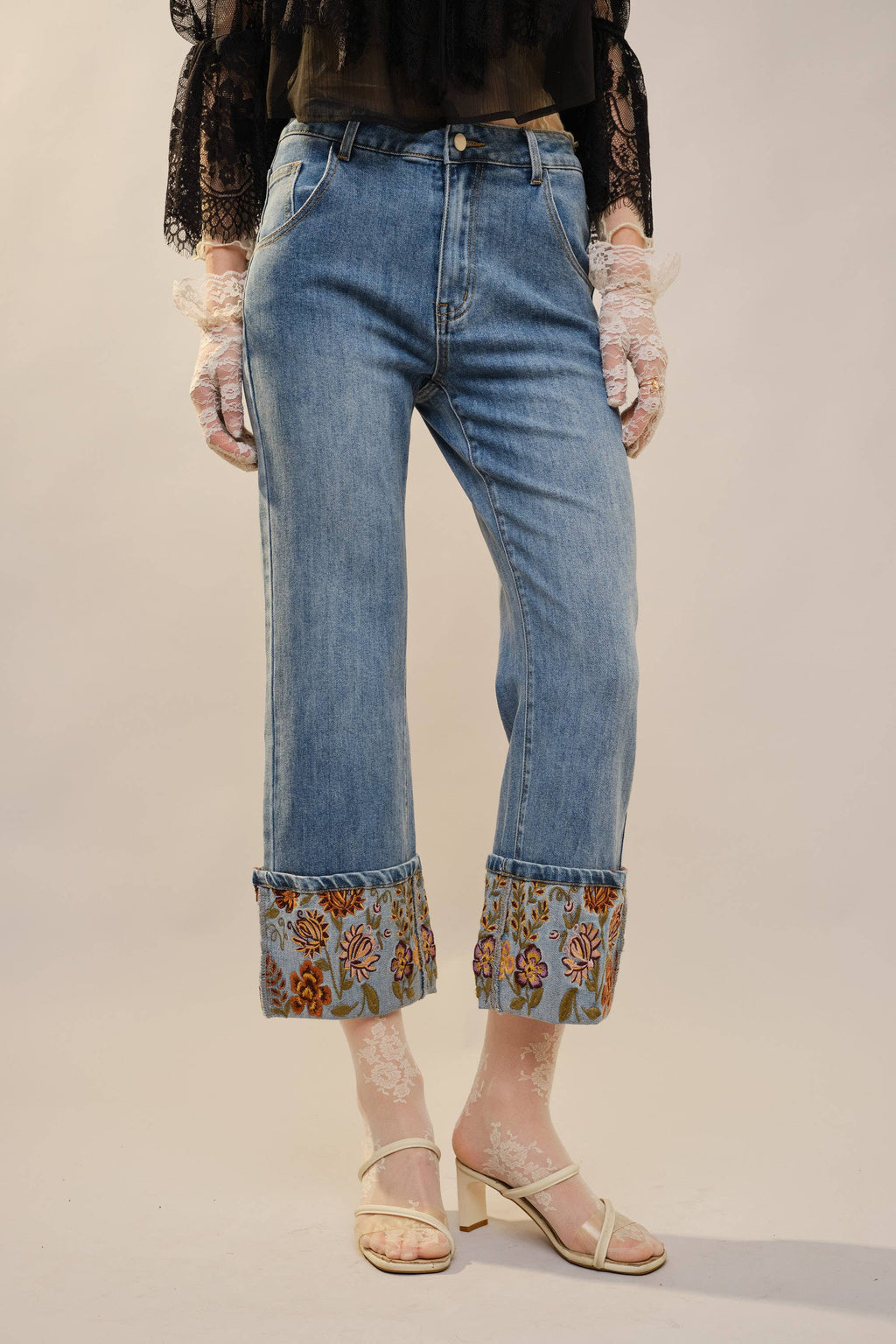 Cuffed Embroidered Denim