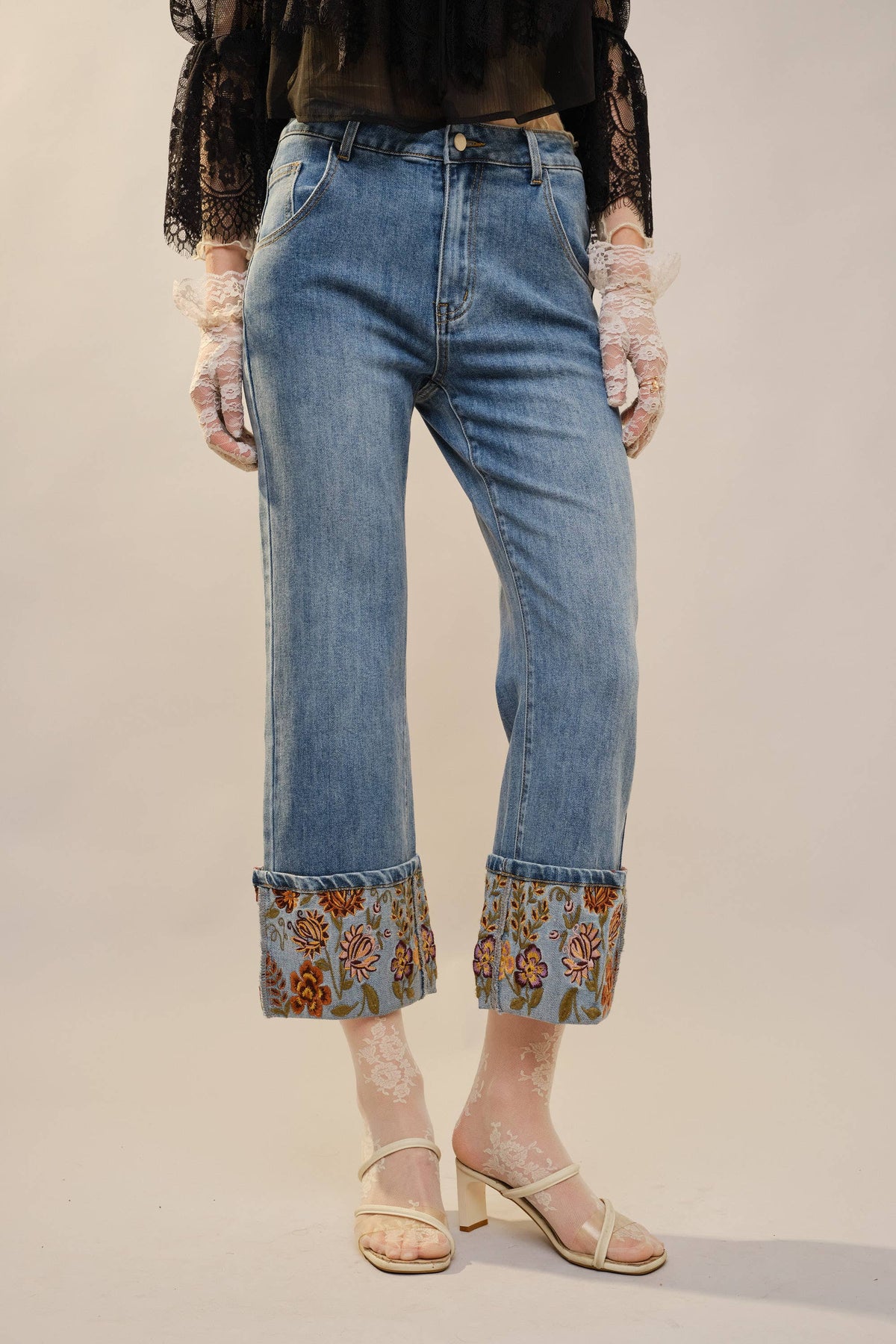 Cuffed Embroidered Denim