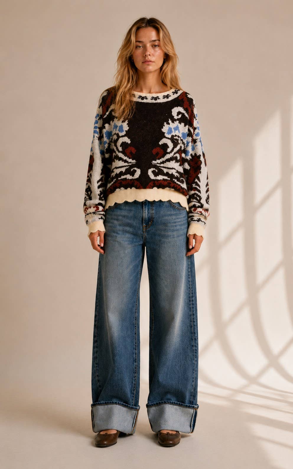 Scalloped Hem Jacquard Sweater