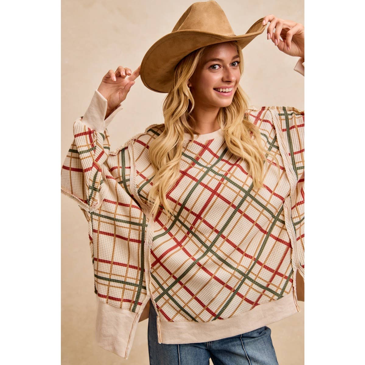 CHRISTMAS PLAID PRINT WAFFLE SWEATSHIRT TOP