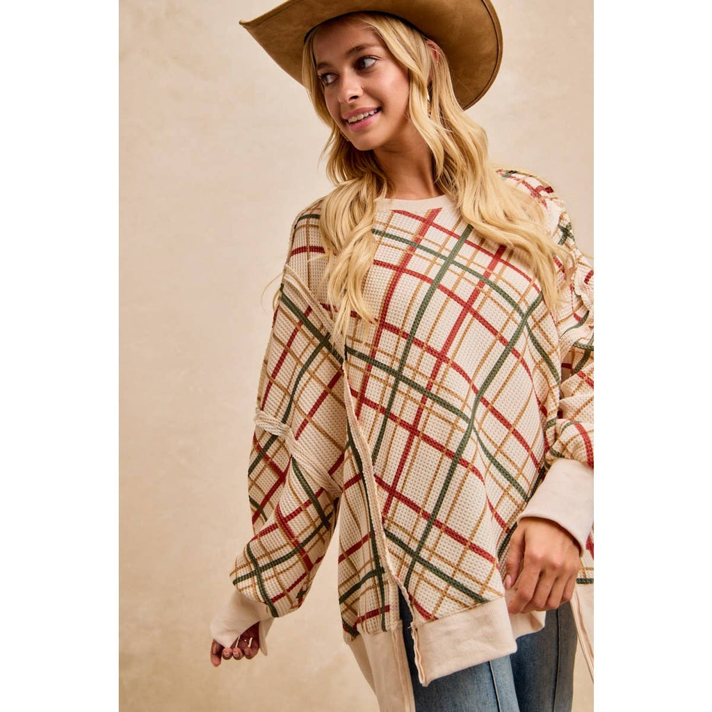 CHRISTMAS PLAID PRINT WAFFLE SWEATSHIRT TOP