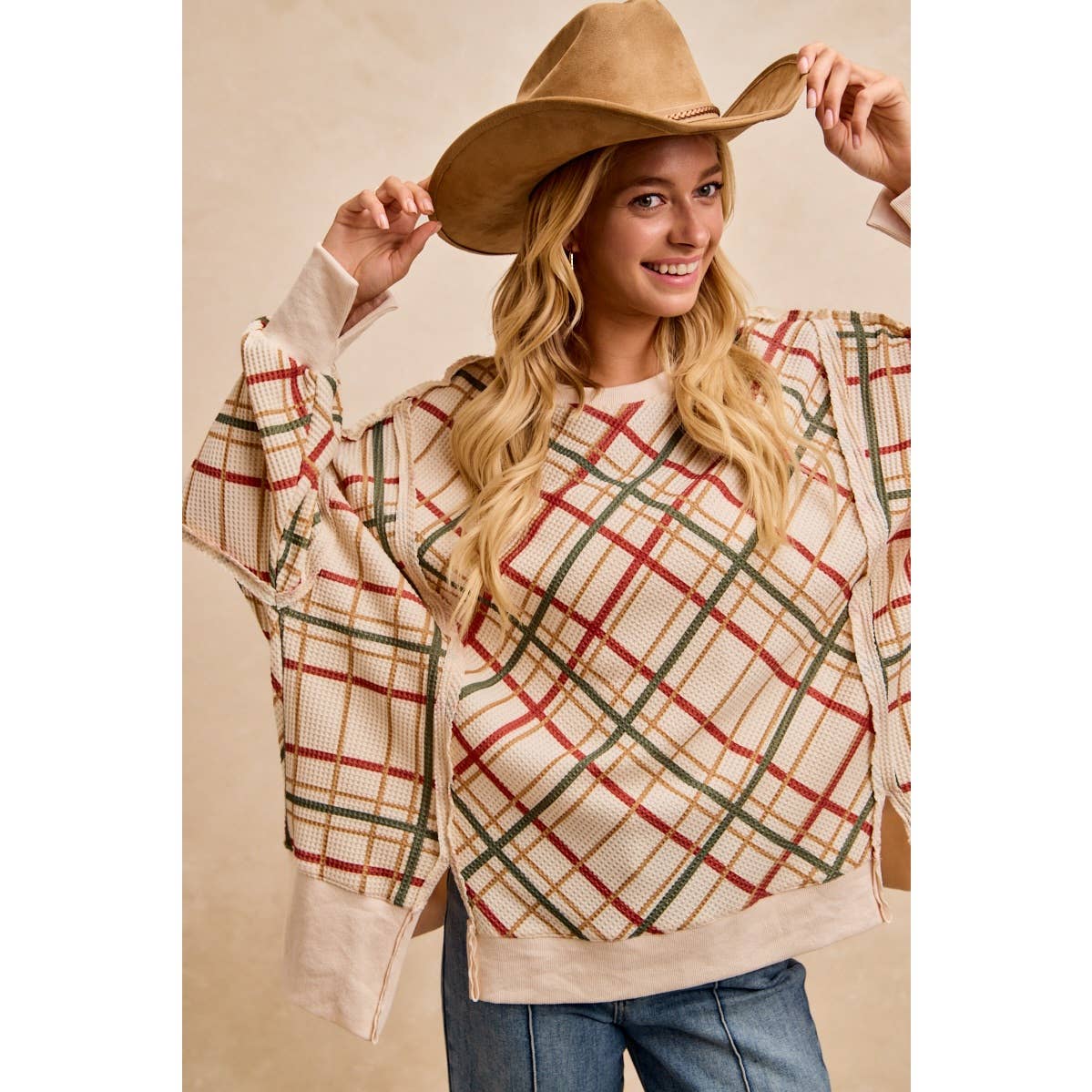 CHRISTMAS PLAID PRINT WAFFLE SWEATSHIRT TOP