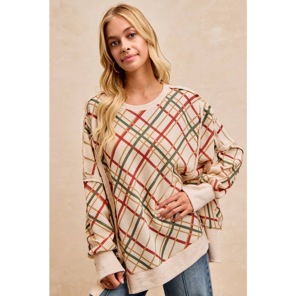 CHRISTMAS PLAID PRINT WAFFLE SWEATSHIRT TOP