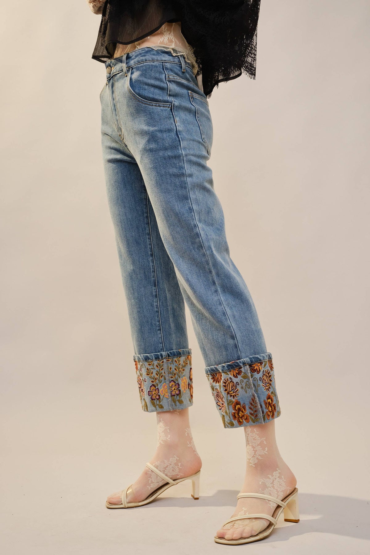 Cuffed Embroidered Denim