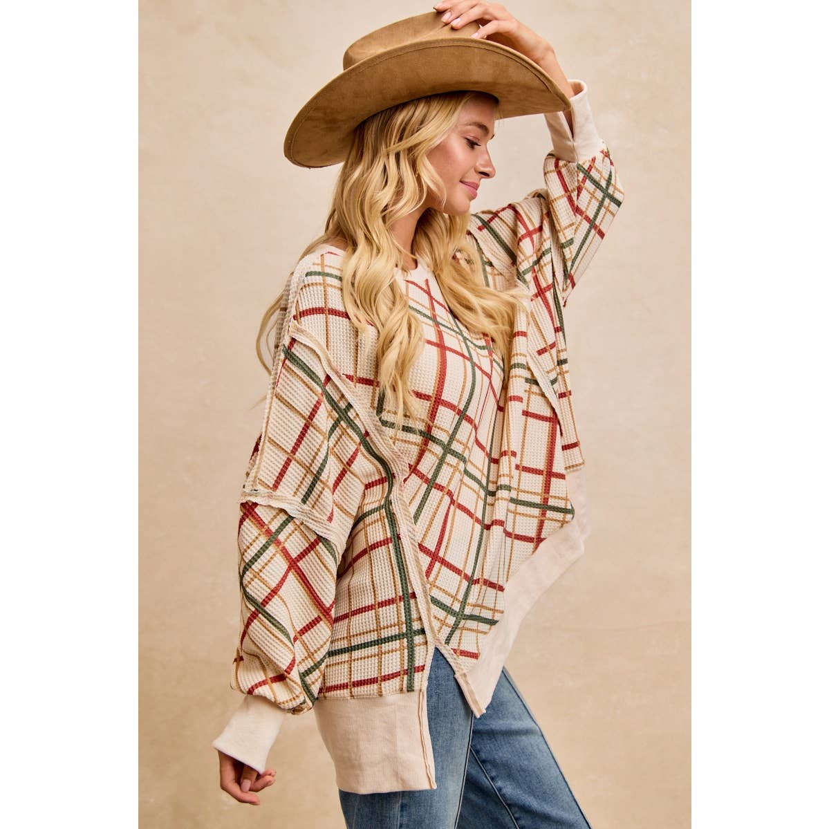 CHRISTMAS PLAID PRINT WAFFLE SWEATSHIRT TOP