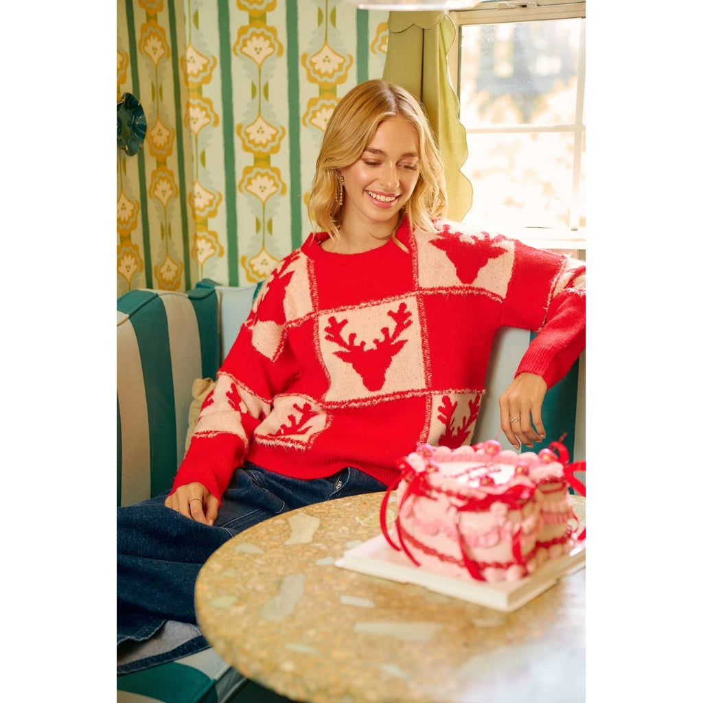 RUDOLPH PATTERNED CHRISTMAS KNIT TOP WITH OUT SEAM