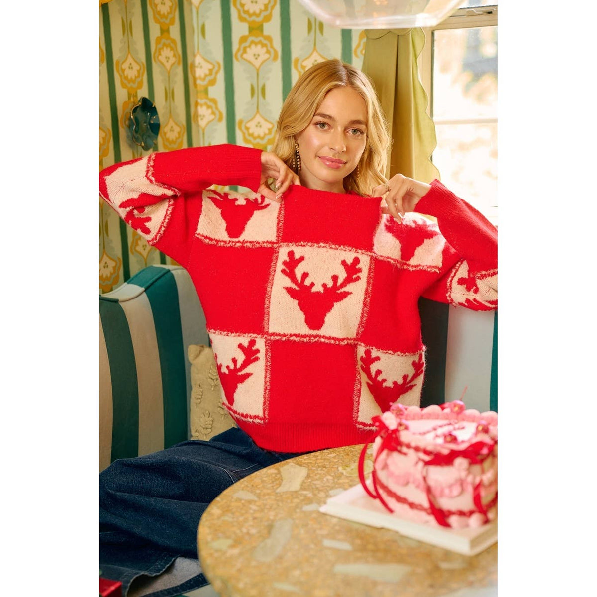 RUDOLPH PATTERNED CHRISTMAS KNIT TOP WITH OUT SEAM