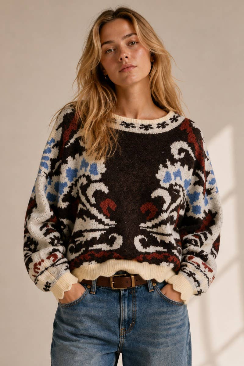 Scalloped Hem Jacquard Sweater