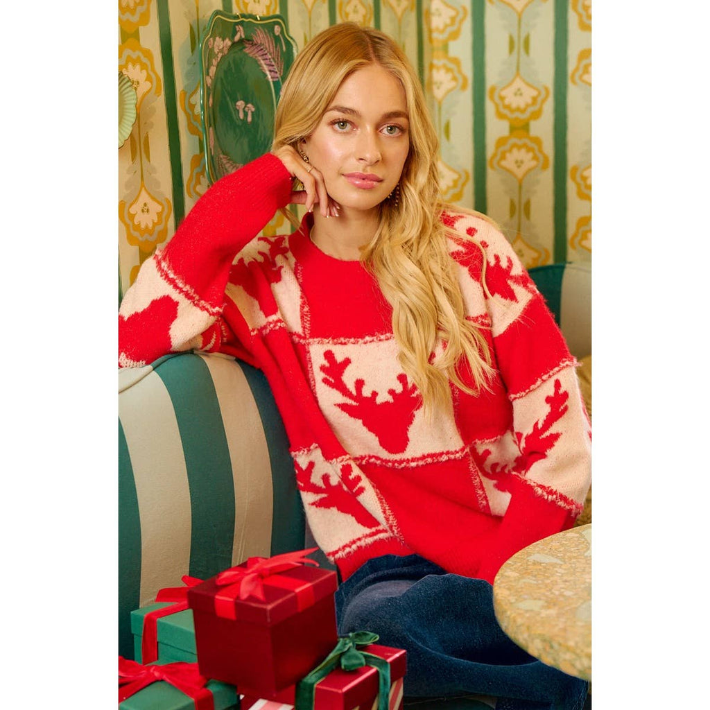 RUDOLPH PATTERNED CHRISTMAS KNIT TOP WITH OUT SEAM