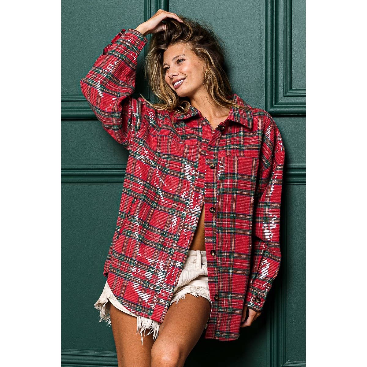 CLEAR SEQUIN PLAID CHRISTMAS SHIRT